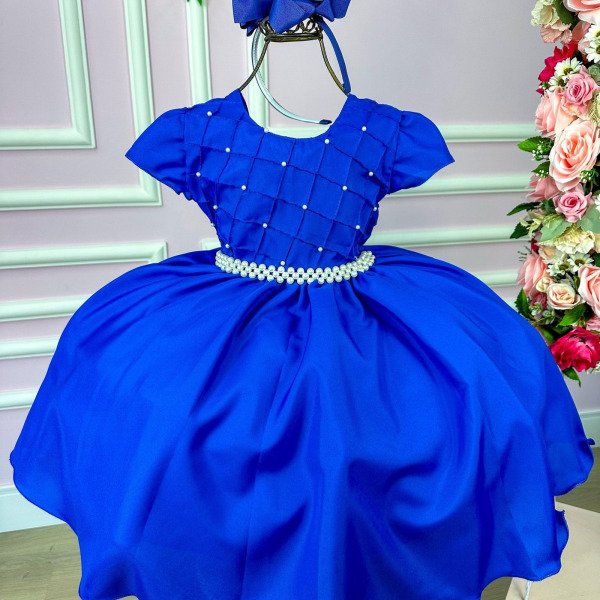 Vestido Ysa Kids Azul Royal Peito Perolas