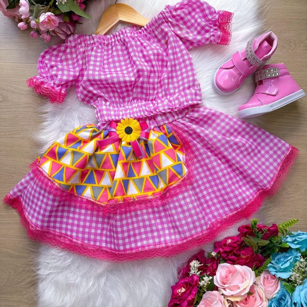 Conjunto Junino Banana Club Luxo Sara Xadrez Pink Avental