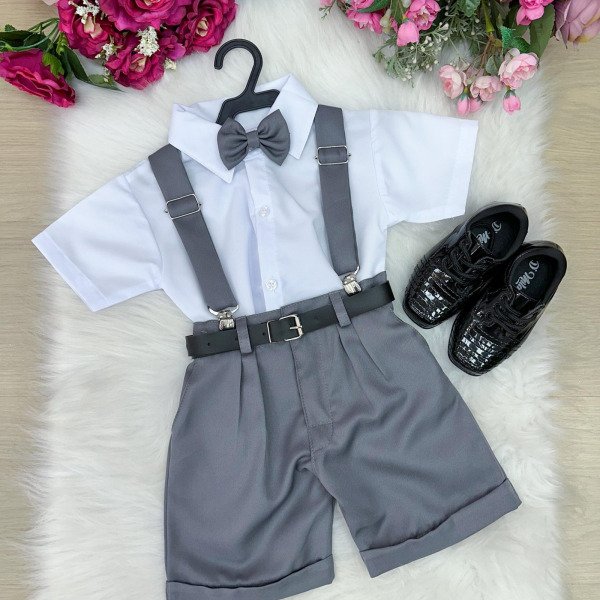 Conjunto Miss Cherry Meninos Social Shorts Ravi Cinza Grafit