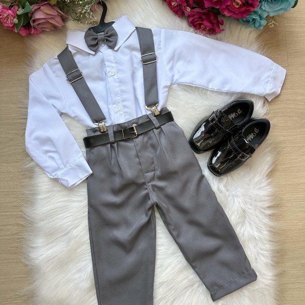 Conjunto Meninos Miss Cherry Leo Suspensorio Cinza Grafite