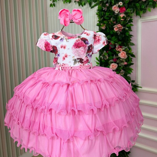 Vestido Menina Bonita Gisele Peito Florido Rosa Chiclete