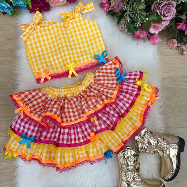 Conjunto Junino Banana Club Luxo Sofia Xadrez Amarelo