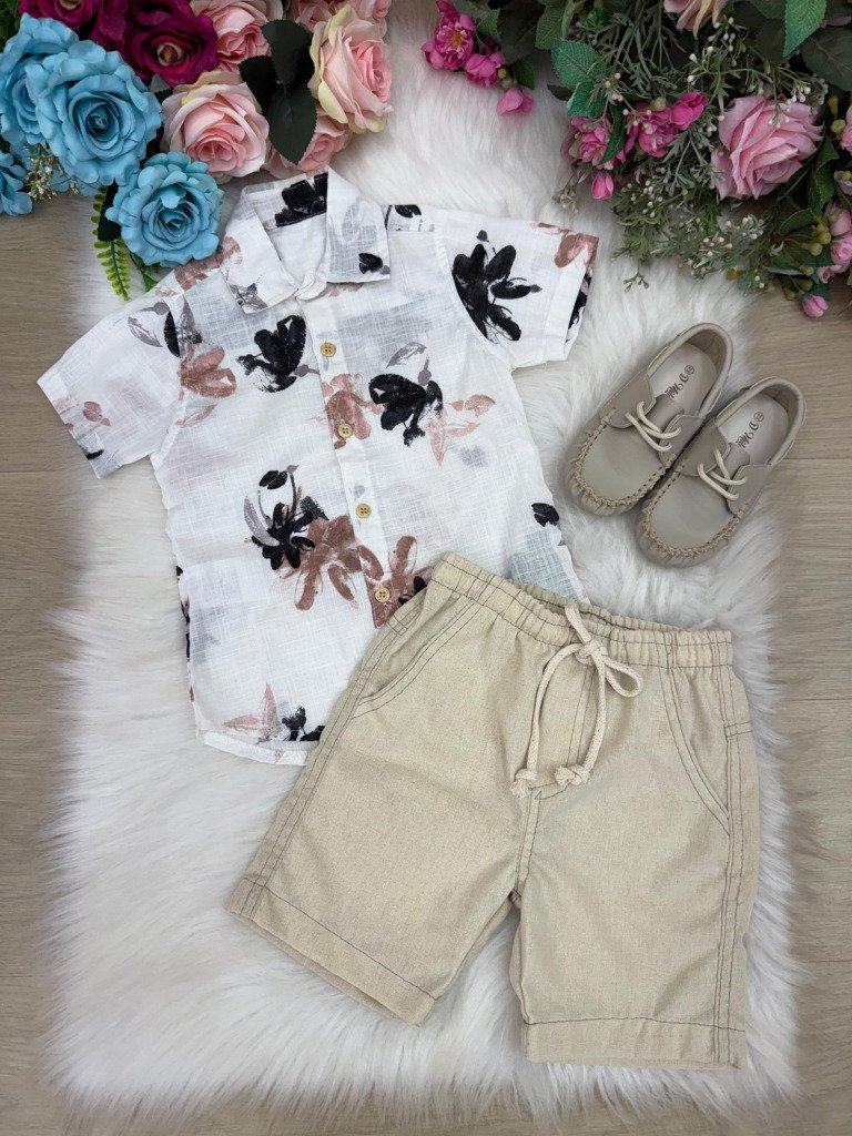 Conjunto Meninos Lucas Banana Club Shorts Linho Camisa Off F