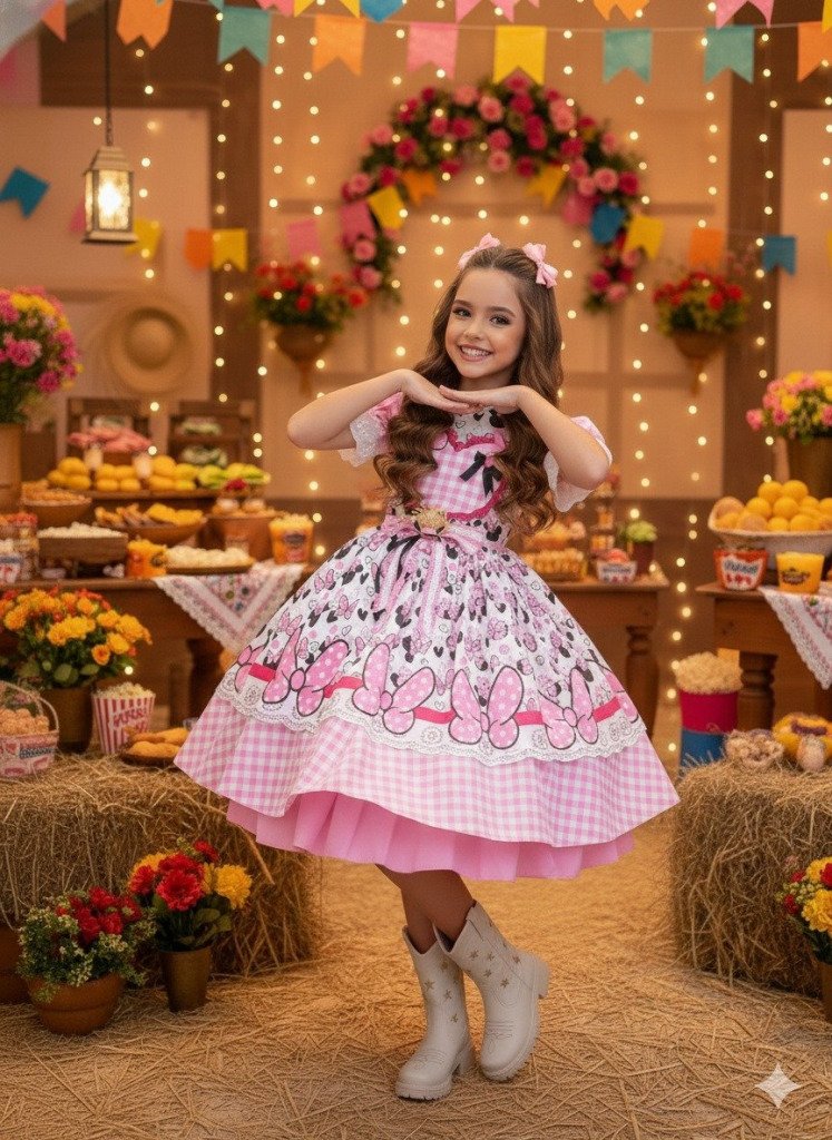 Vestido Junino Tematico Luxo Minnie/Minei Rosa