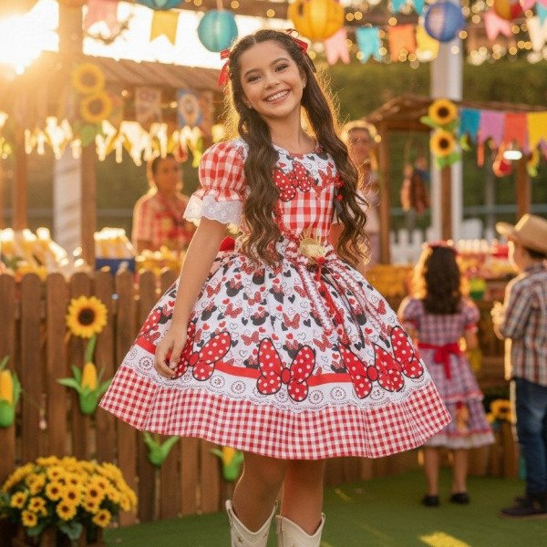 Vestido Junino Tematico Luxo Minnie/Minei Vermelho