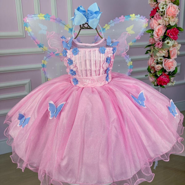 Vestido Marie Jardim Encantado Rosa Borboletas Azul