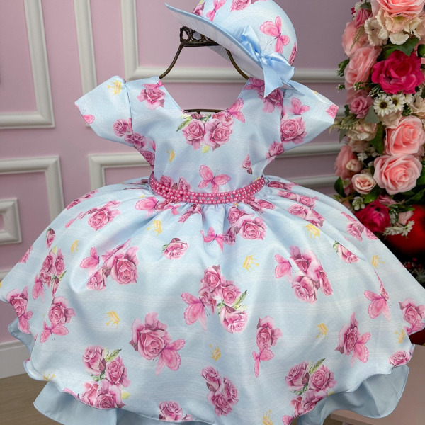 Vestido Miss Cherry Chapeu Azul Bebe Flores e Borboletas