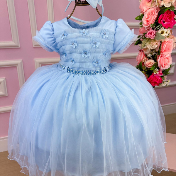 Vestido Menina Bonita Azul Bebe Florzinha Peito Tule