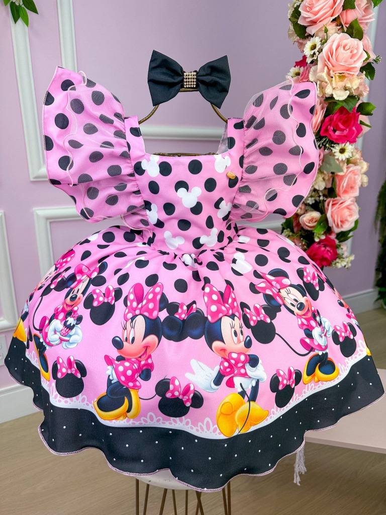 Vestido Temáticos Kids Minnie/Minie Rosa Com Preto