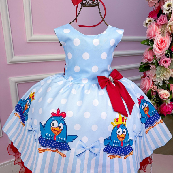 Vestido Tematicos Luxo Galinha Pintadinha Azul e Vermelho