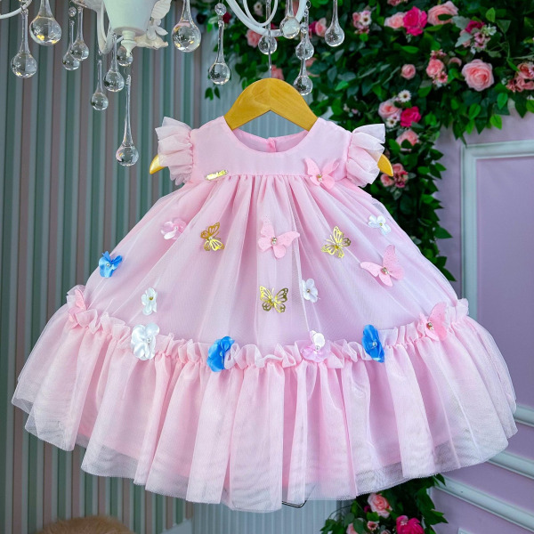 Vestido Vila Lele Jardim das Borboletas Baby Liz Rosa Bebe