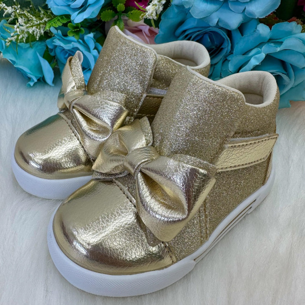 Tênis Bota Encanto de Criança Lacinho Dourado Glitter Rebeca