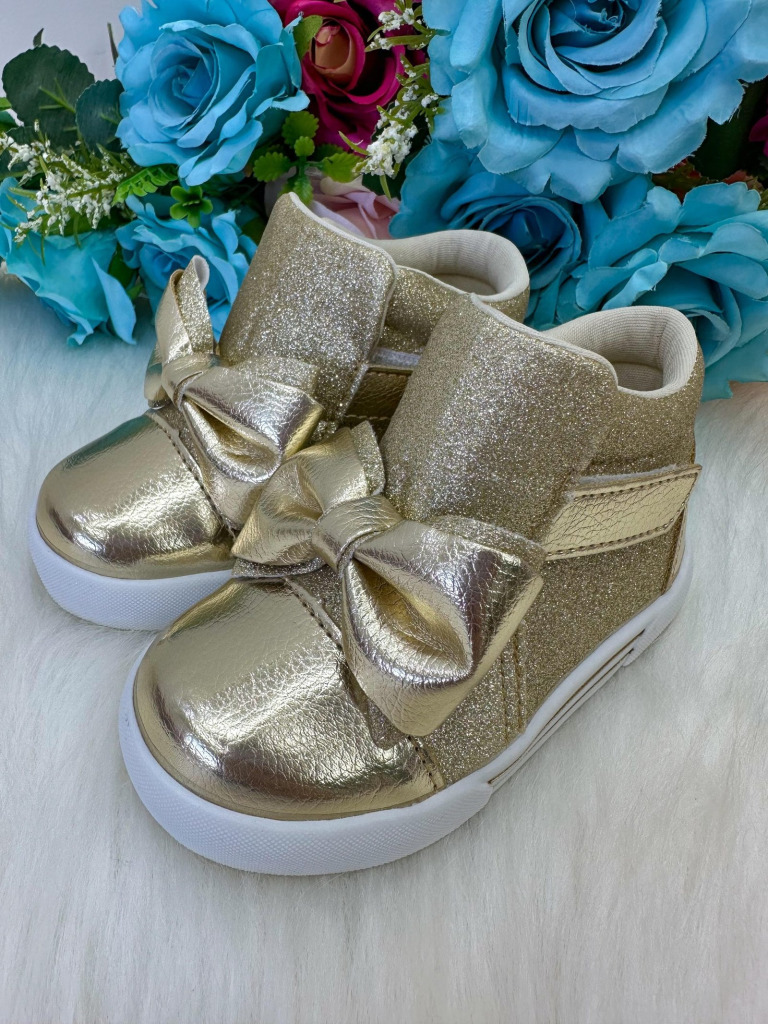 Tênis Bota Encanto de Criança Lacinho Dourado Glitter Rebeca