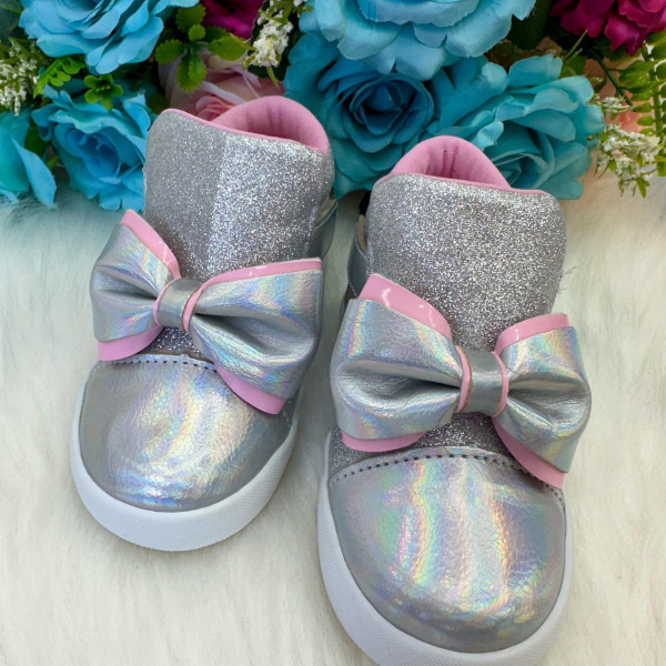 Tênis Bota Encanto de Criança Lacinho Prata Glitter Rebeca