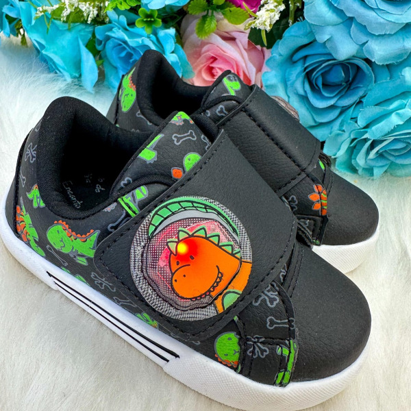 Tênis Encanto de Criança Dinossauro/Dino com Led Preto