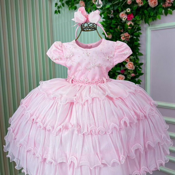 Vestido Infantil Menina Bonita 4 Saias Rosa Bebe