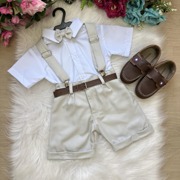 Conjunto Miss Cherry Meninos Social Shorts Ravi Cinza Claro