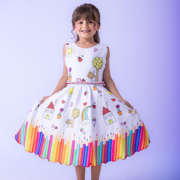 Vestido Marie Lapis Aquarela ABC Branco e Vermelho