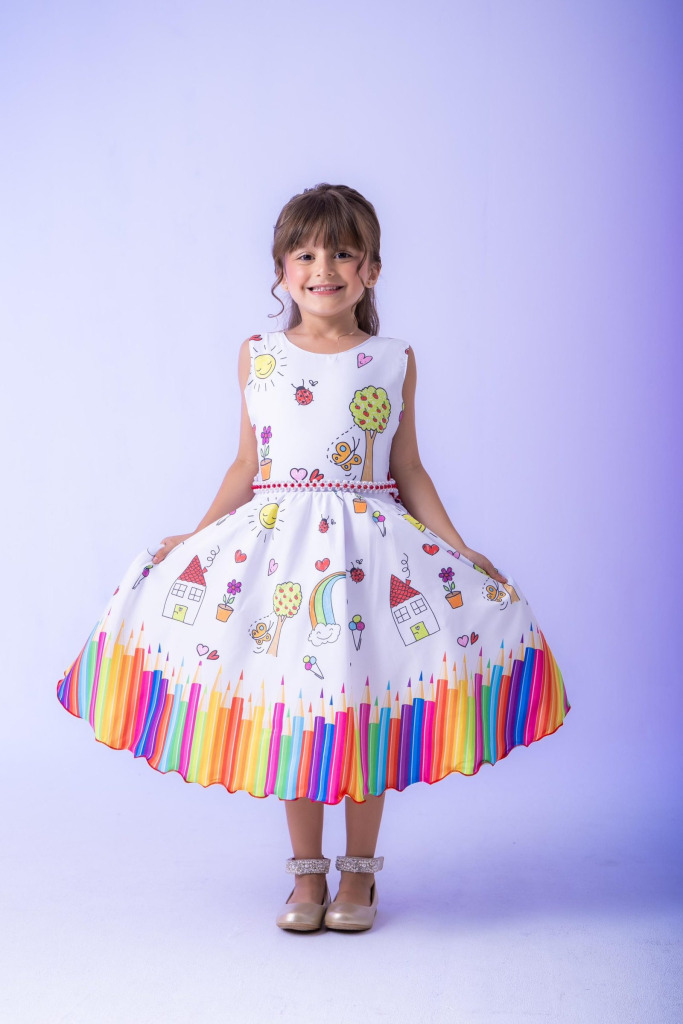 Vestido Marie Lapis Aquarela ABC Branco e Vermelho