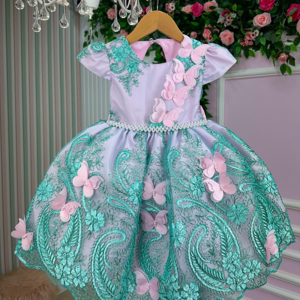 Vestido Marie Jardim Encantado Luxo Rosa e Verde Tiffany