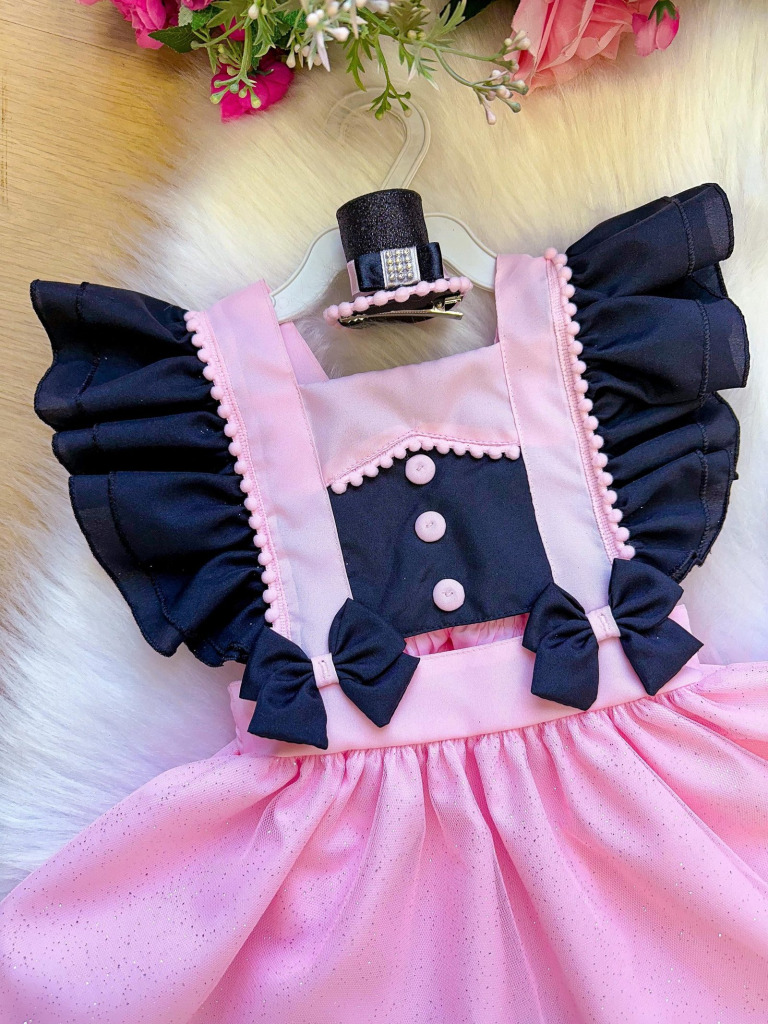 Romper/Vestido Princesa Belli Mundo Bita Rosa e Preto