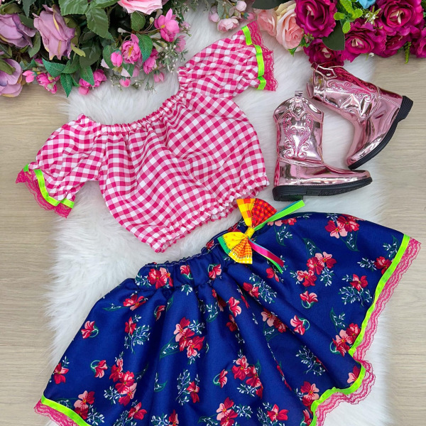 Conjunto Junino Banana Club Luxo Mirela Saia Florida Azul