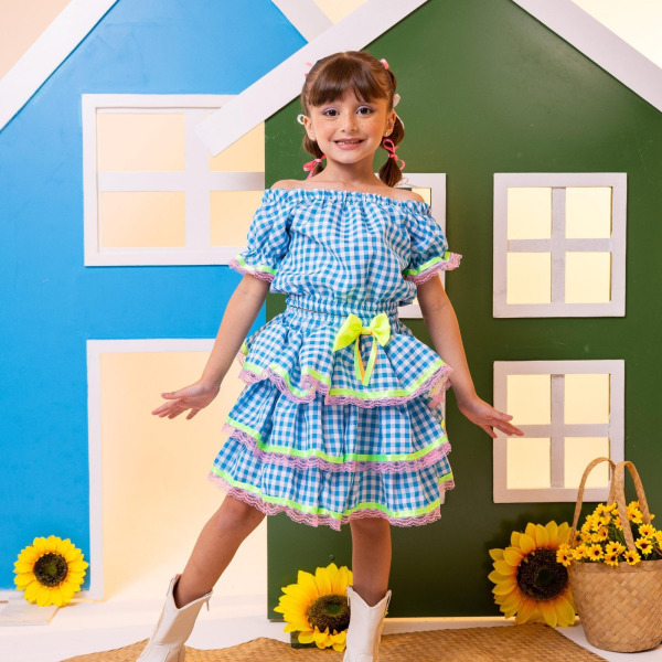 Conjunto Junino Banana Club Luxo Sofia Xadrez Azul