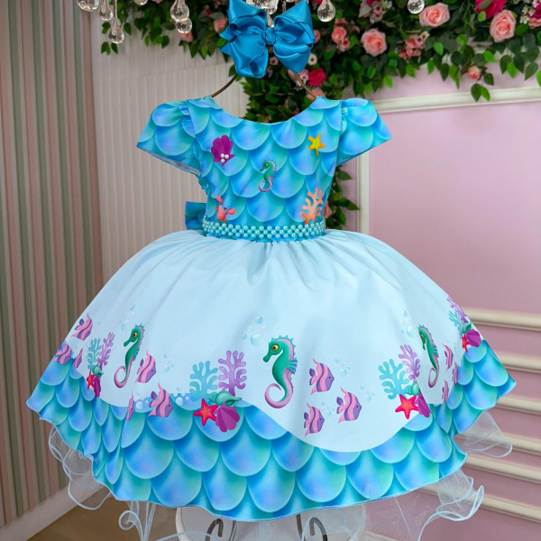 Vestido Tematicos Kids Fundo do Mar – Sereia Ariel Azu