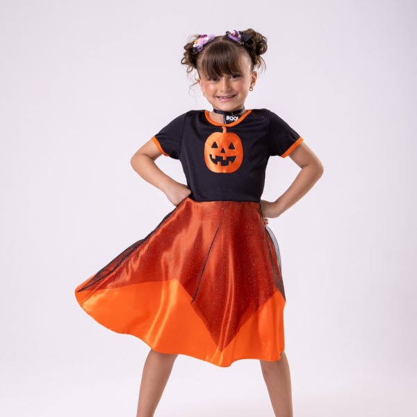 Fantasia Halloween Menina Bruxinha Abóbora Laranja