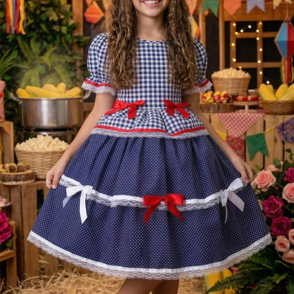 Vestido Junino Mimadine Luxo Stefanny Azul Marinho