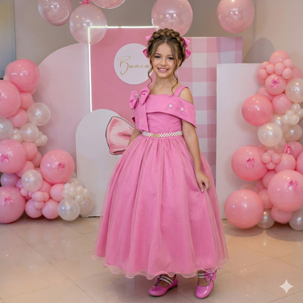 Vestido Banana Club Longo Doce Elegancia Rosa Chiclete