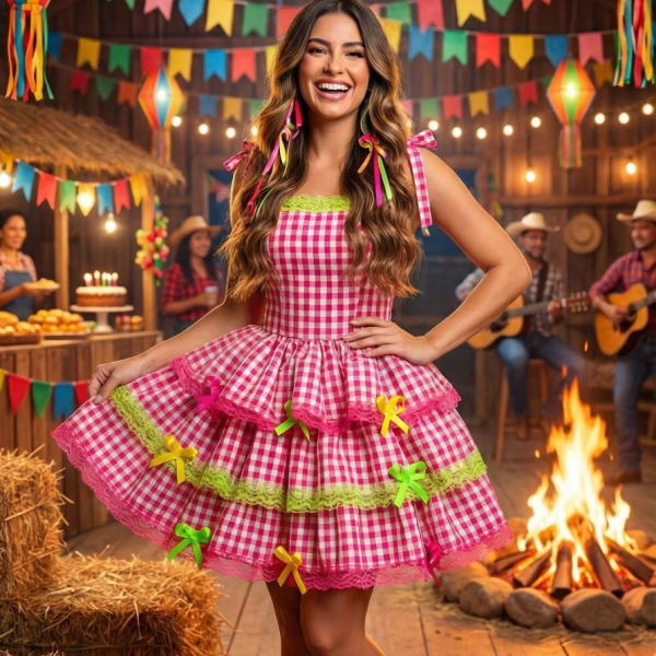 Vestido Banana Club Junino Luxo Adulto Arraia do Chamego Pink