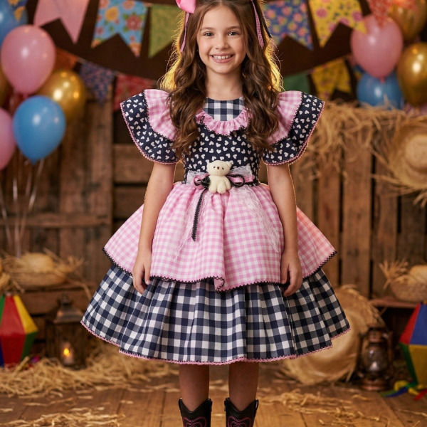 Vestido Marie Junino Luxo Ursinho do Sertão Mimosa Preto