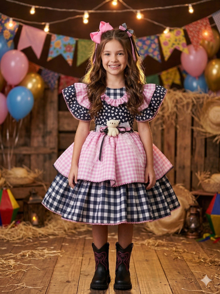 Vestido Marie Junino Luxo Ursinho do Sertão Mimosa Preto