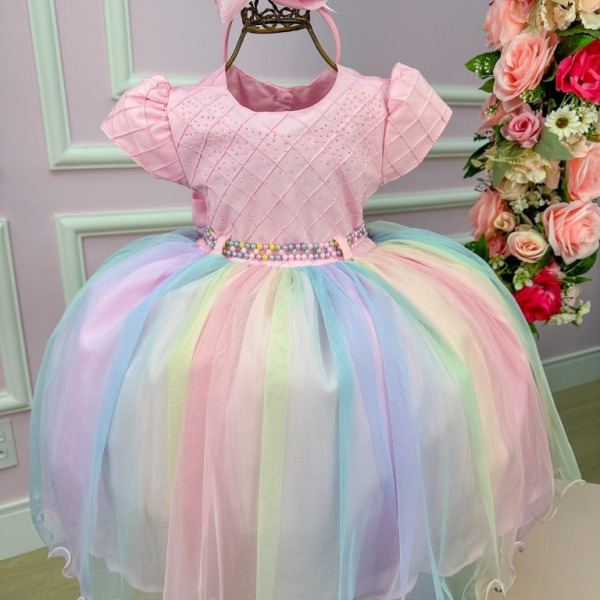 Vestido Infantil Menina Bonita Peito Rosa e Saia Colorida