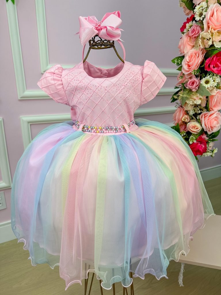 Vestido Infantil Menina Bonita Peito Rosa e Saia Colorida