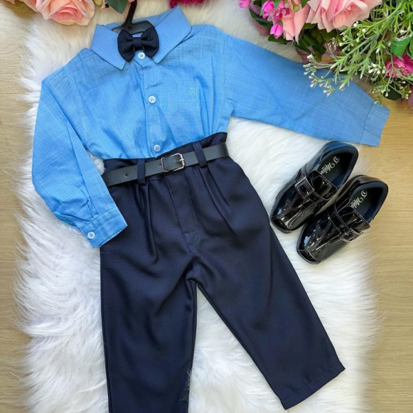 Conjunto Masculino Miss Cherry Social Azul Linho Com Calça Preto Henrique