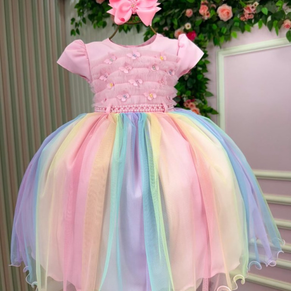 Vestido Infantil Menina Bonita Caterina Rosa Bebe Saia Color
