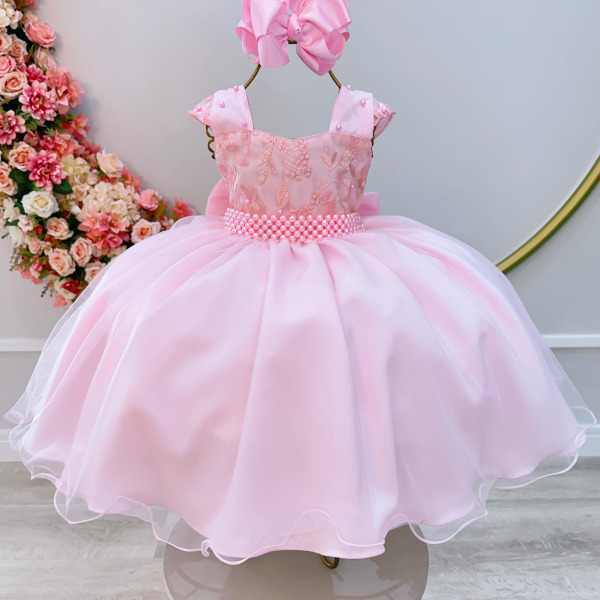 Vestido Infantil Rosa Bebê C/  Renda Luxo e Cinto  de Pérolas