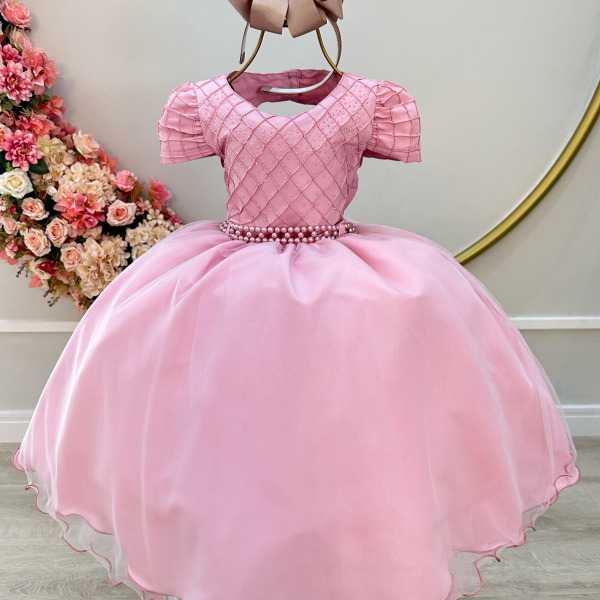 Vestido Infantil Rose Busto Nervura Strass Daminhas