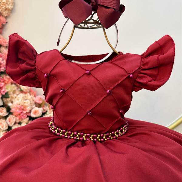 Vestido Infantil Marsala Busto Nervura C/ Pérolas Casamentos