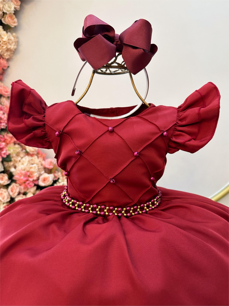 Vestido Infantil Marsala Busto Nervura C/ Pérolas Casamentos