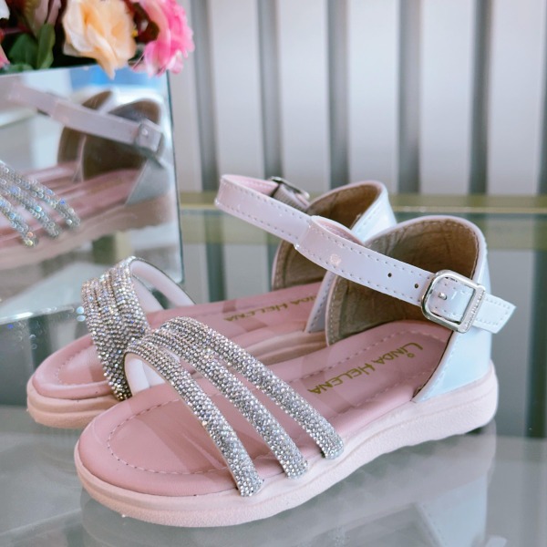 Sandália Infantil Branca Verniz Com Brilho Strass Luxo