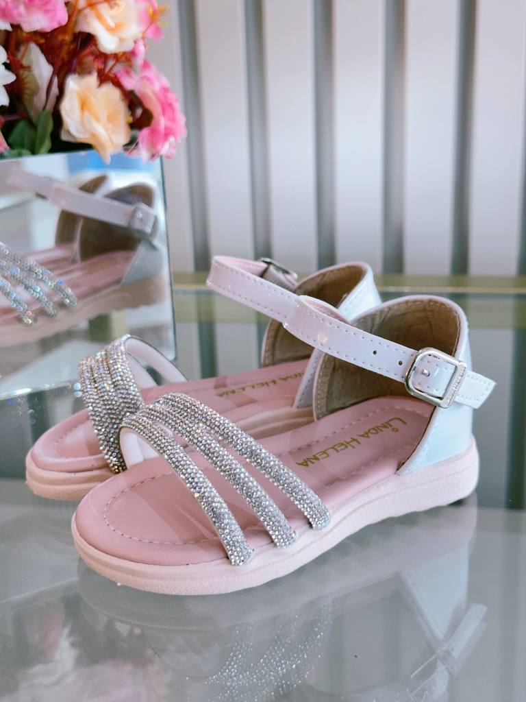 Sandália Infantil Branca Verniz Com Brilho Strass Luxo
