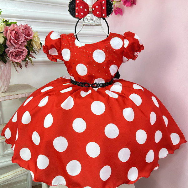 Vestido Infantil Minnie Vermelho Busto Com Strass Festas