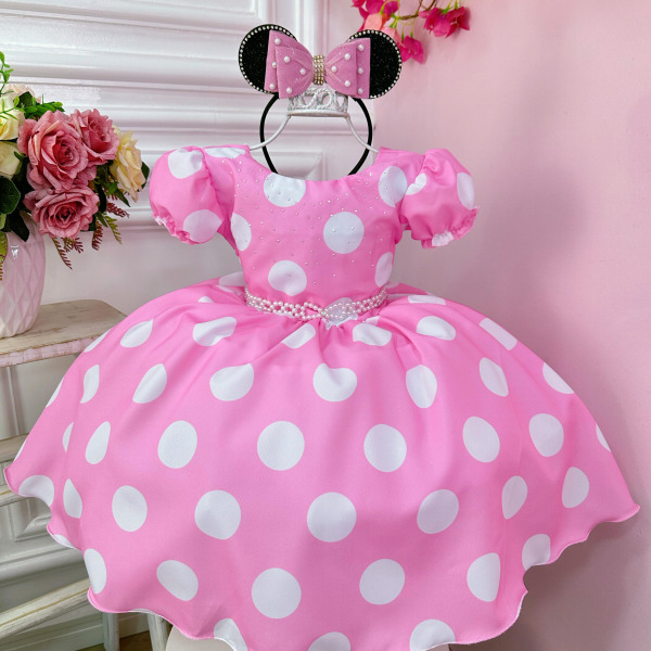 Vestido Infantil Minnie Rosa Busto Com Strass Festas