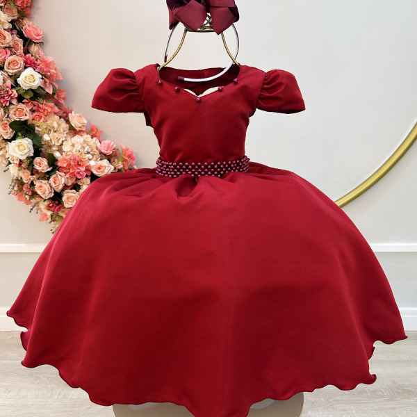 Vestido Infantil Marsala C/ Cinto de Pérolas Daminhas Luxo
