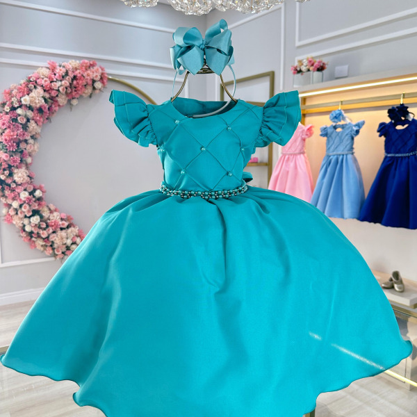 Vestido Infantil Verde Busto Nervura Pérolas Festas