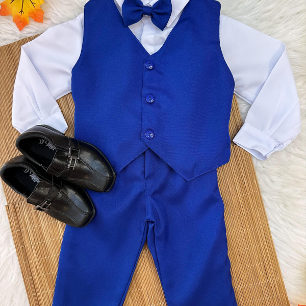 Conjunto Infantil Camisa Branca Calça Colete Grav. Azul Royal