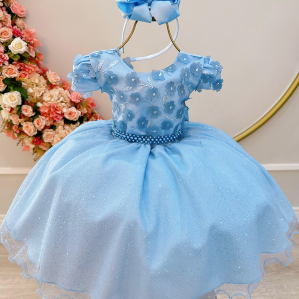 Vestido Infantil Azul Claro Saia C/ Glitter e Apliques Flores